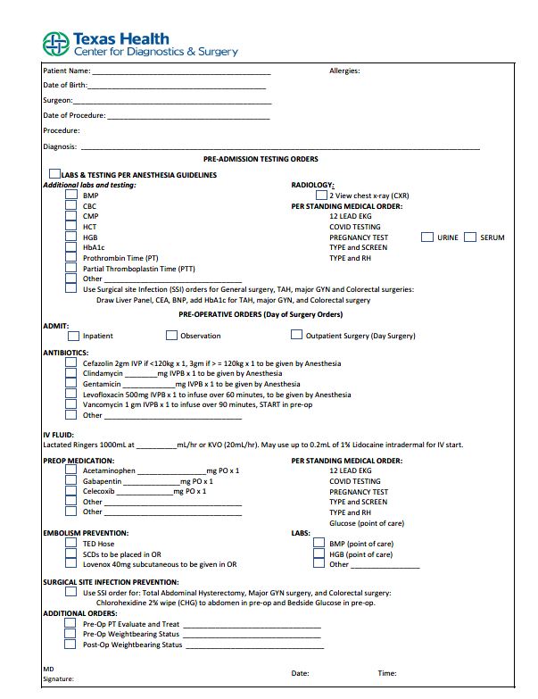 Pre-Op Testing & Day of Surgery Orders