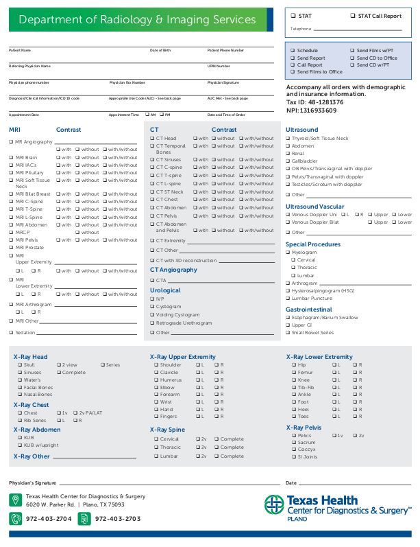 Diagnostic Imaging Order Form