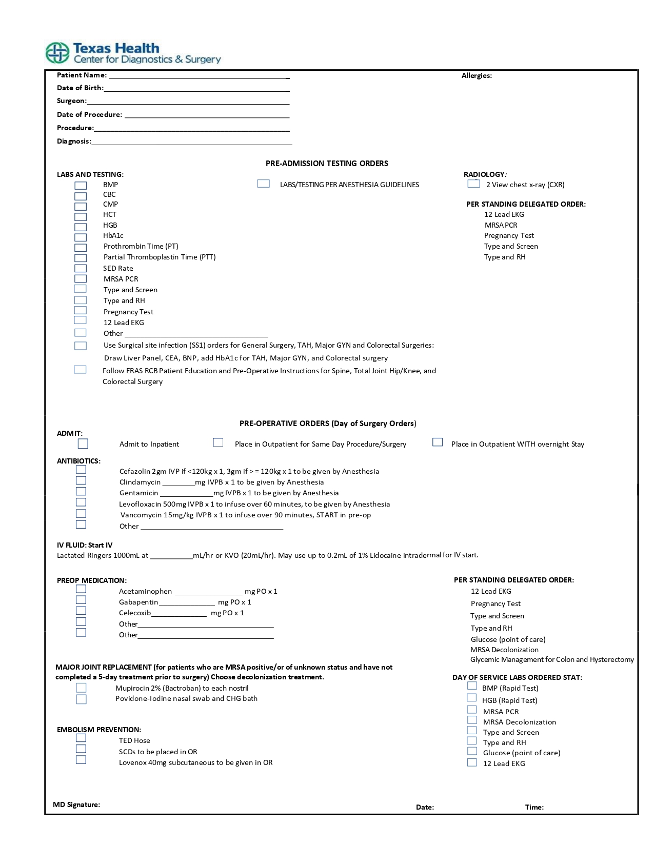 Pre-Op Testing & Day of Surgery Orders